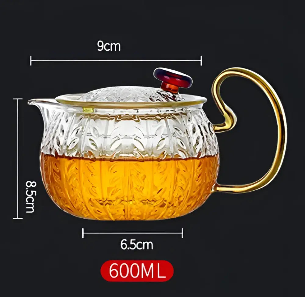 Decorbites glass teapot infuser gaiwan with gold-toned handle and embossed pattern for elegant tea brewing