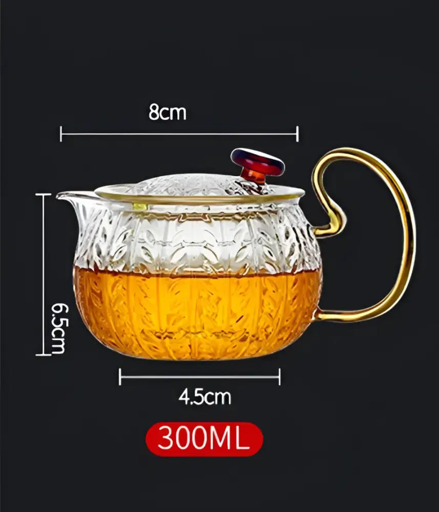 DecorBites glass teapot infuser gaiwan with gold-toned handle and embossed patterns for elegant tea brewing
