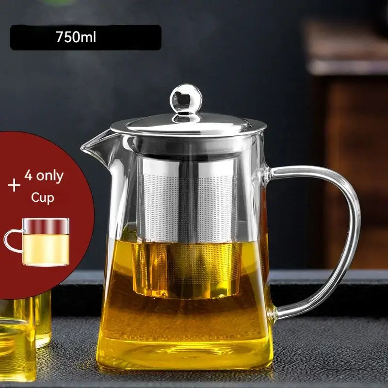 Decorbites glass teapot 750ml with stainless steel lid and built-in filter filled with golden tea for kungfu tea set