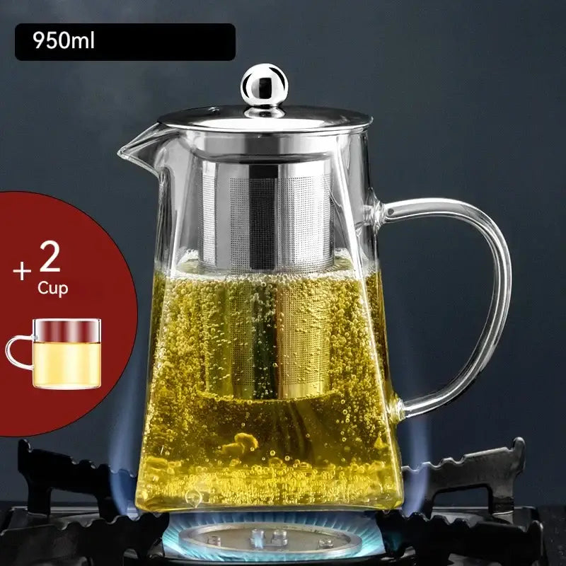 Decorbites glass teapot 950ml with stainless steel lid and built-in filter holding golden tea for office kungfu tea set