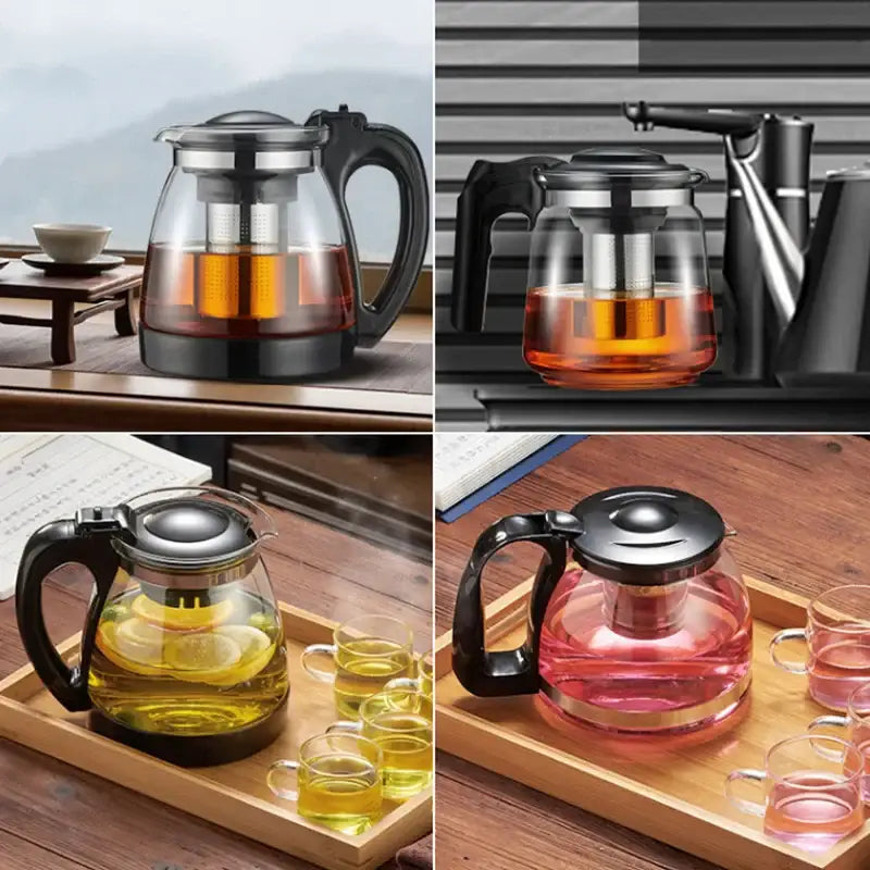 Clear glass teapot with black handle lid and stainless steel strainer by DecorBites glass for loose leaf tea brewing