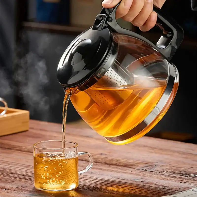Clear glass teapot with black lid and handle featuring a stainless steel infuser decorbites glass teapot large capacity