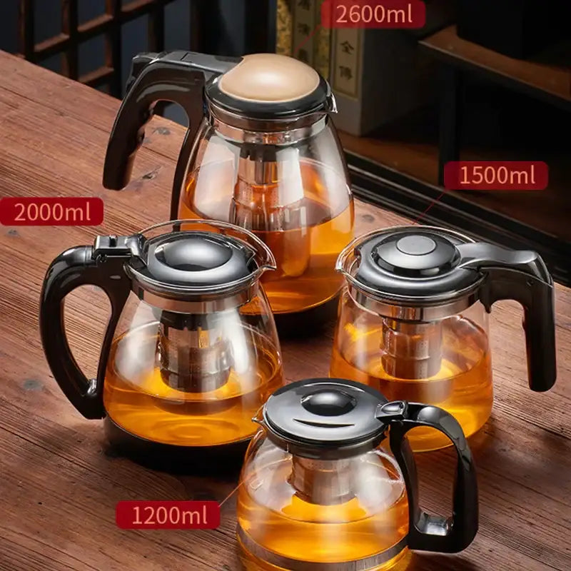 DecorBites glass teapot large capacity clear glass teapot with black handle lid and built-in infuser for loose leaves