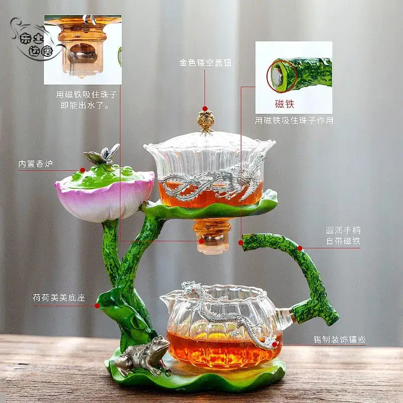 Decorbites glass teapot lazy tea infuser with two-tiered lotus frog design green resin stems and silver dragon accents