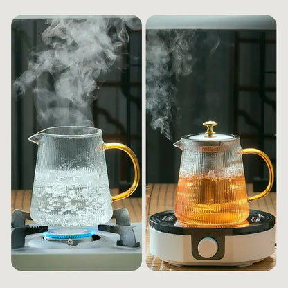 Clear ribbed glass teapot puer with gold-toned handle steaming on gas burner and electric base heater by decorbites glass teapot