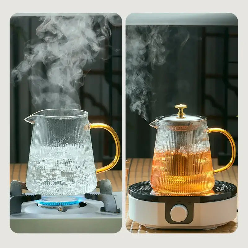 Clear ribbed glass teapot puer with gold-toned handle steaming on gas burner and electric base heater by decorbites glass teapot