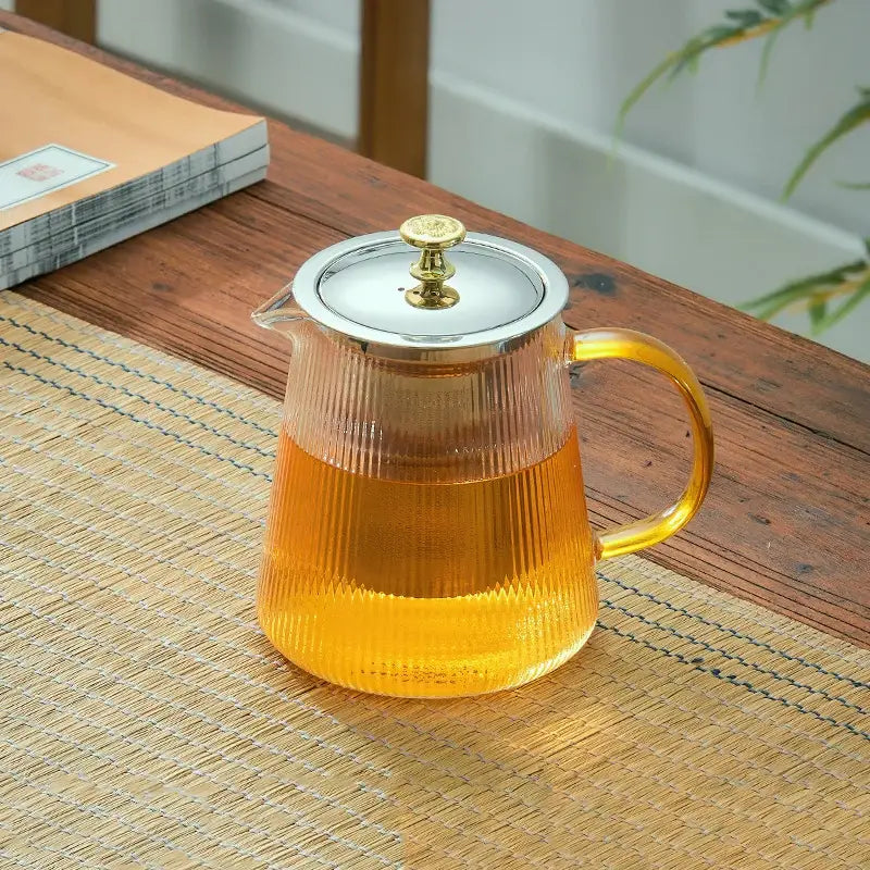 Clear glass teapot puer with vertical ridges silver lid gold knob and amber handle from decorbites glass teapot set