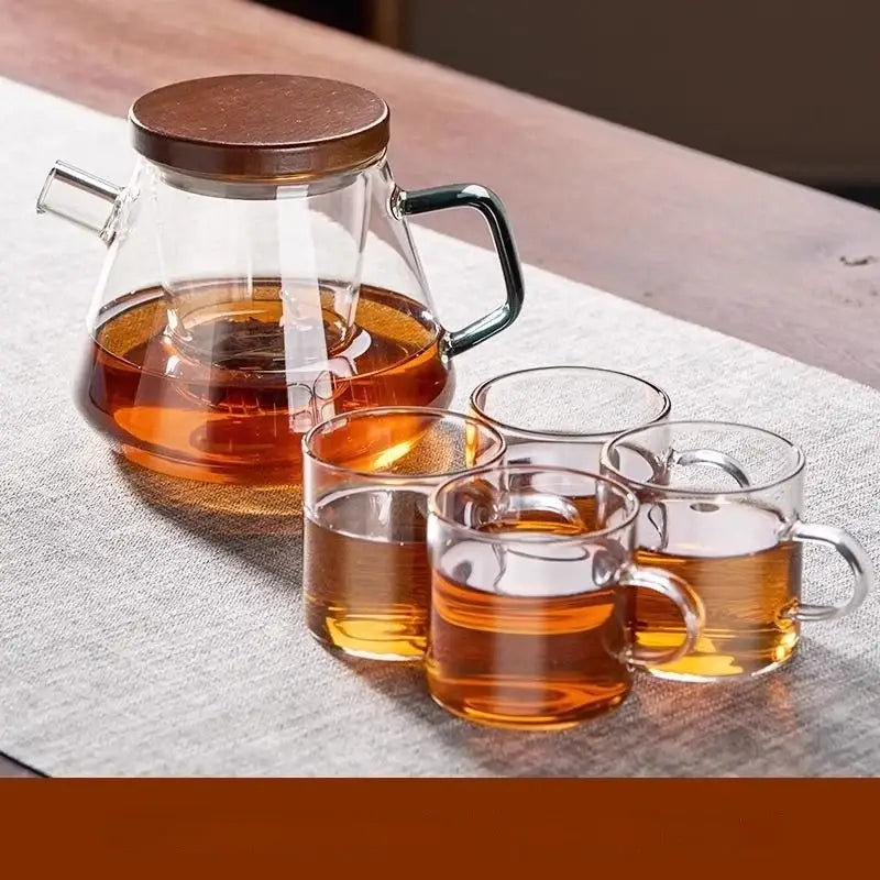 DecorBites glass teapot set with wooden lid and black handle includes four clear glass cups for kung fu tea and milk rose