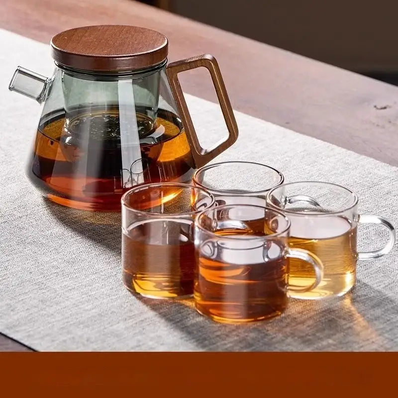 DecorBites glass teapot set with wooden lid and handle includes four clear glass mugs for kung fu tea and milk rose
