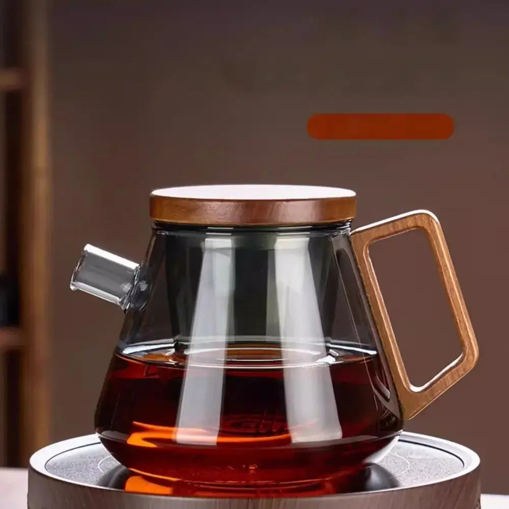 Decorbites™ glass teapot set clear with wooden lid and handle filled with dark tea for kung fu tea and milk rose