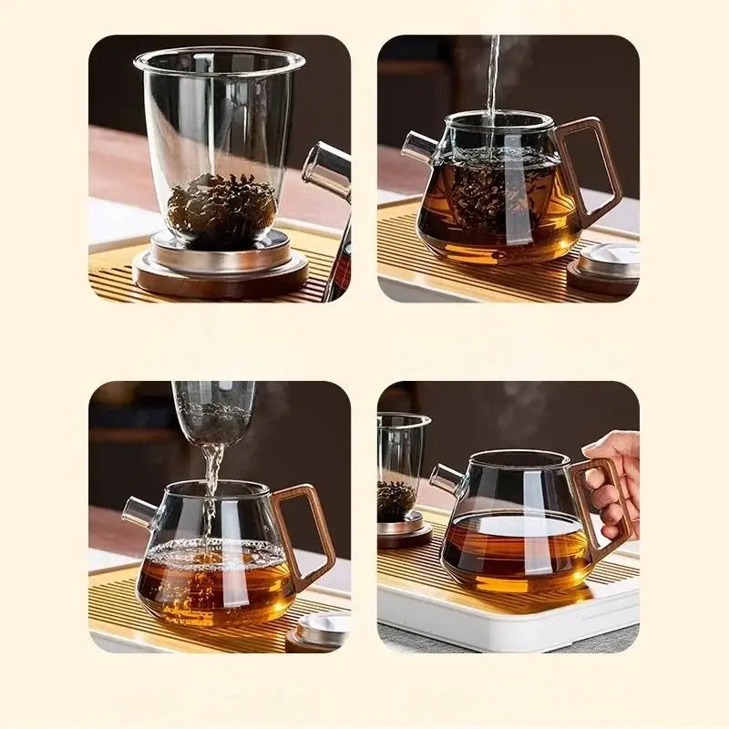 Clear glass teapot set with wooden handle and spout featuring modern design for kung fu tea and milk rose use