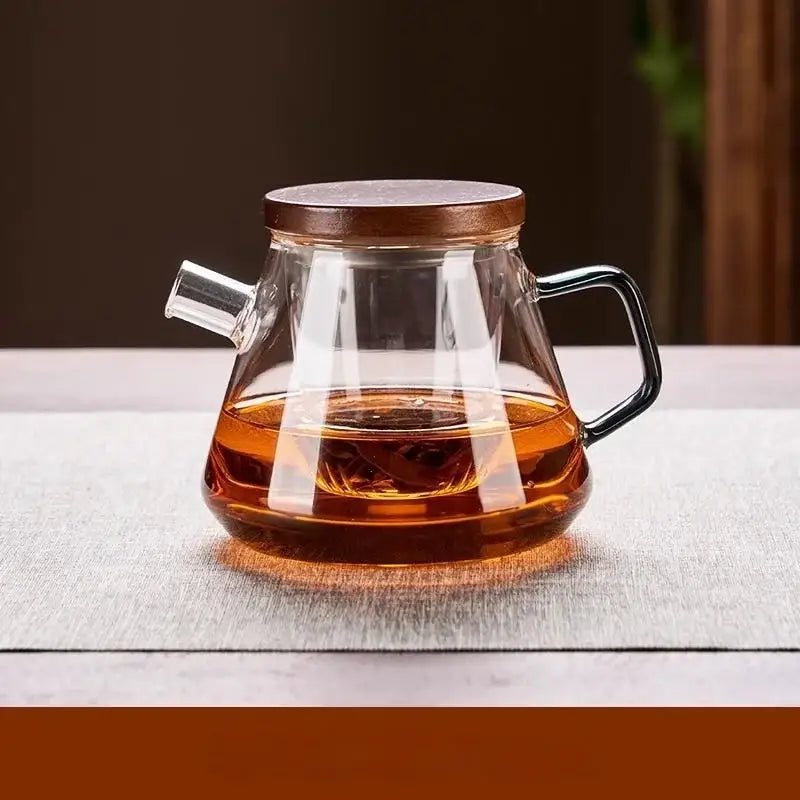 DecorBites™ glass teapot set with clear glass, wooden lid, and black handle for kung fu tea and milk rose brewing
