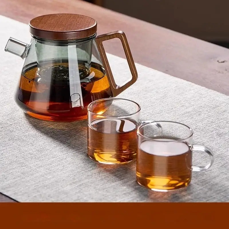 DecorBites™ glass teapot set with wooden lid and handle, clear glass cups for kung fu tea and milk rose brewing