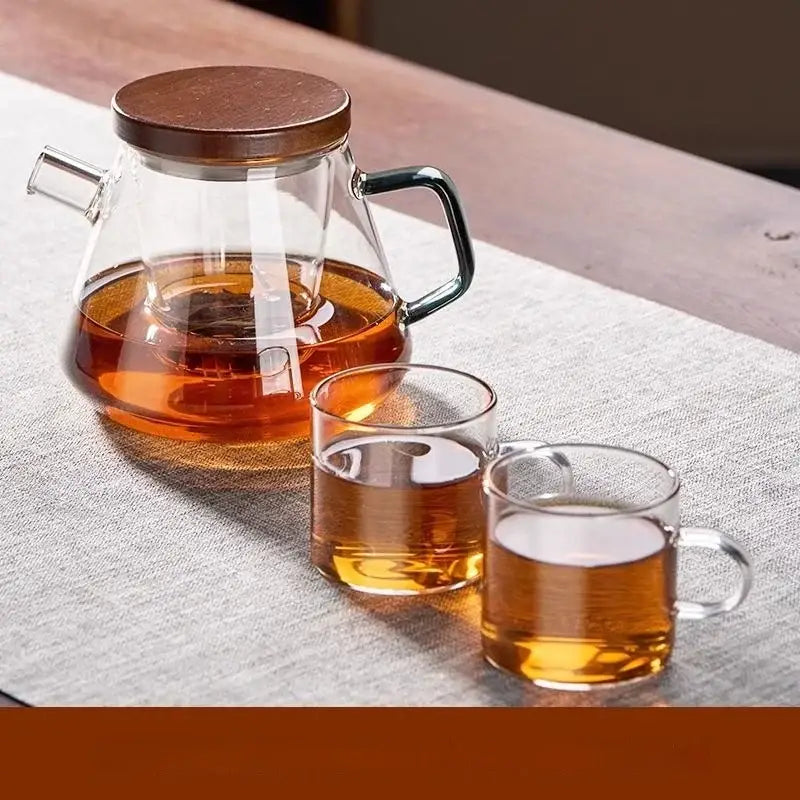 Decorbites glass teapot set with clear glass teacups wooden lid black handle ideal for kung fu tea and milk rose