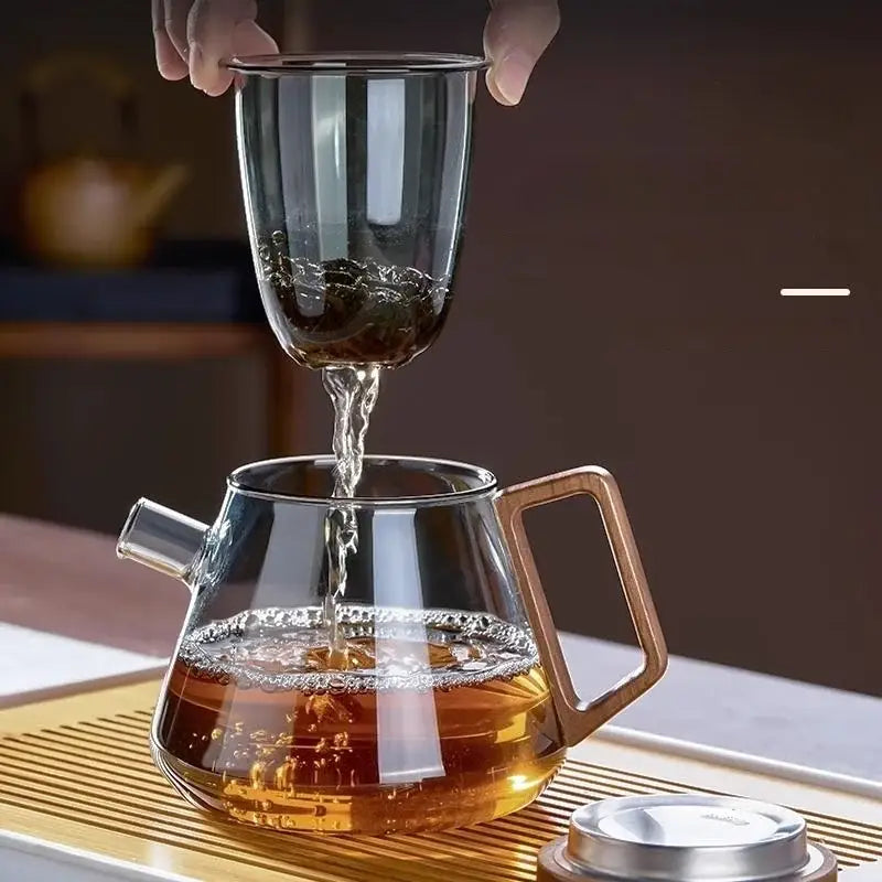 Decorbites glass teapot set with clear glass infuser and wooden handle designed for kung fu tea and milk rose brewing