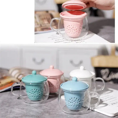 Pink silicone tea infuser with perforated design inside clear glass mug from decorbites glass teapot set with ceramic filter