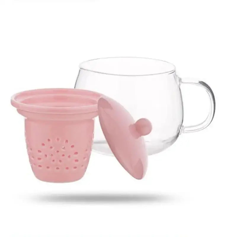 Pink silicone tea infuser with perforated body and lid for decorbites glass teapot set with ceramic filter use