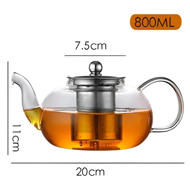 Clear glass DecorBites glass teapot set with stainless steel infuser and lid holding 800ml amber tea