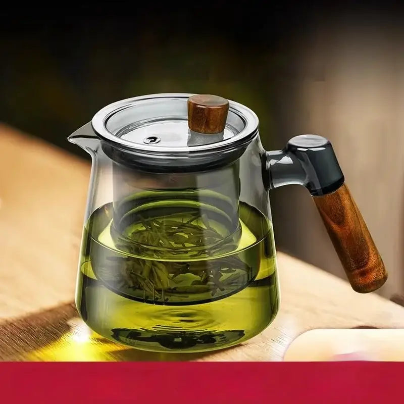 Decorbites glass teapot set with clear glass body, wooden handle, inner mesh strainer for steeping green tea leaves