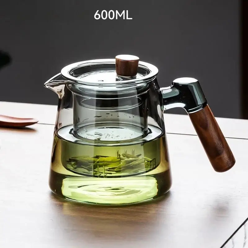 Decorbites glass teapot set with 600ml double-walled glass infuser pot and wooden handle featuring flower pattern