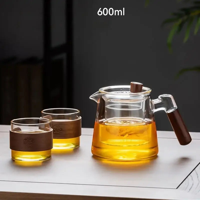 Decorbites glass teapot set with clear glass teapot wooden handle lid and two glasses with brown leather bands