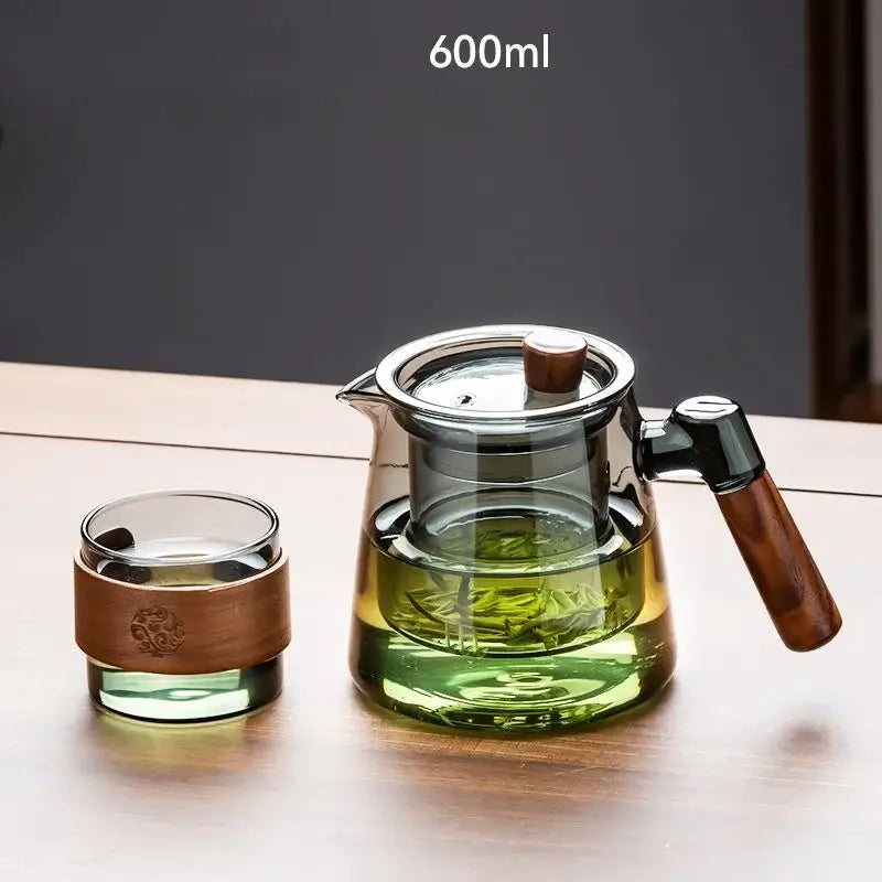 600ml decorbites glass teapot set with wooden handle and lid knob featuring clear body revealing green tea leaves