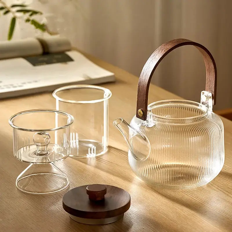 Clear glass DecorBites glass teapot set with vertical ribbed texture and wooden handle and lid for elegant brewing
