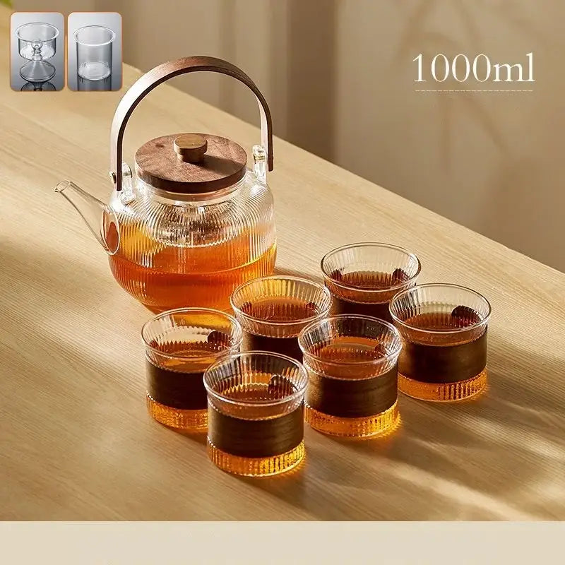 Clear glass decorbites glass teapot set with wooden handle and lid, including six matching ribbed glass cups