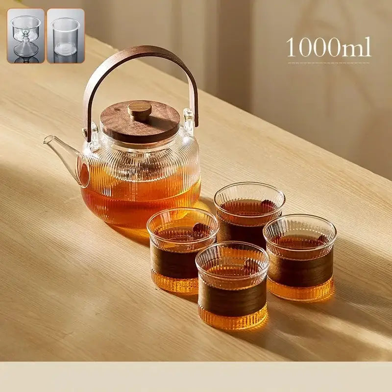 Clear glass teapot set with wooden handle and lid including four ribbed glasses by decorbites glass teapot set