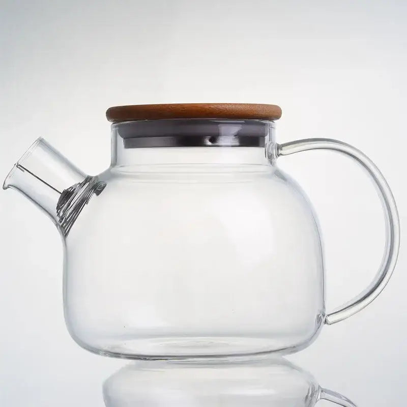 Clear glass decorbites glass teapot with wooden lid and curved handle for tea brewing heat resistant 1000ml pot