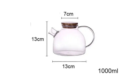 Clear glass decorbites glass teapot with wooden lid and handle 1000ml capacity for tea brewing