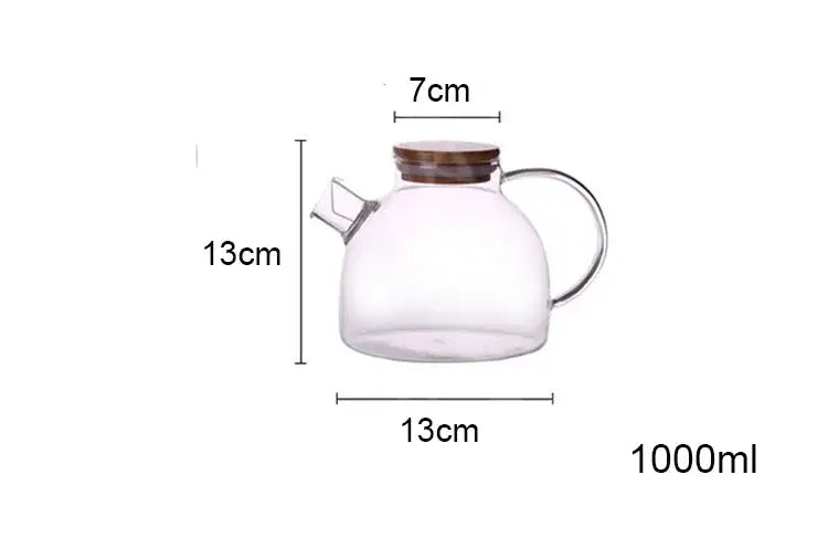 Clear glass decorbites glass teapot with wooden lid and handle 1000ml capacity for tea brewing