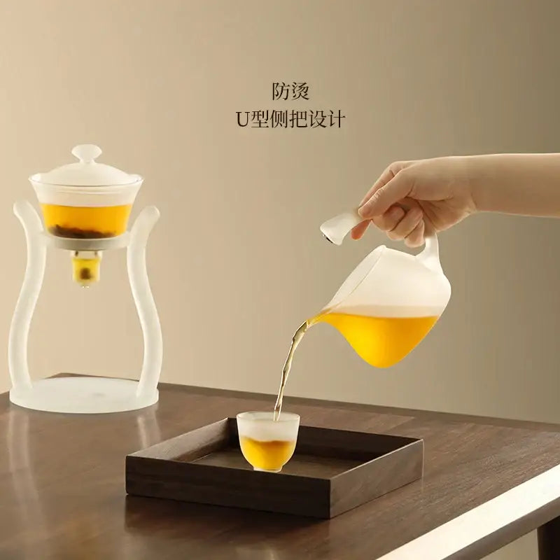 DecorBites™ glass teapot with magnetic drip pot and base in translucent white glass featuring a u-shaped handle