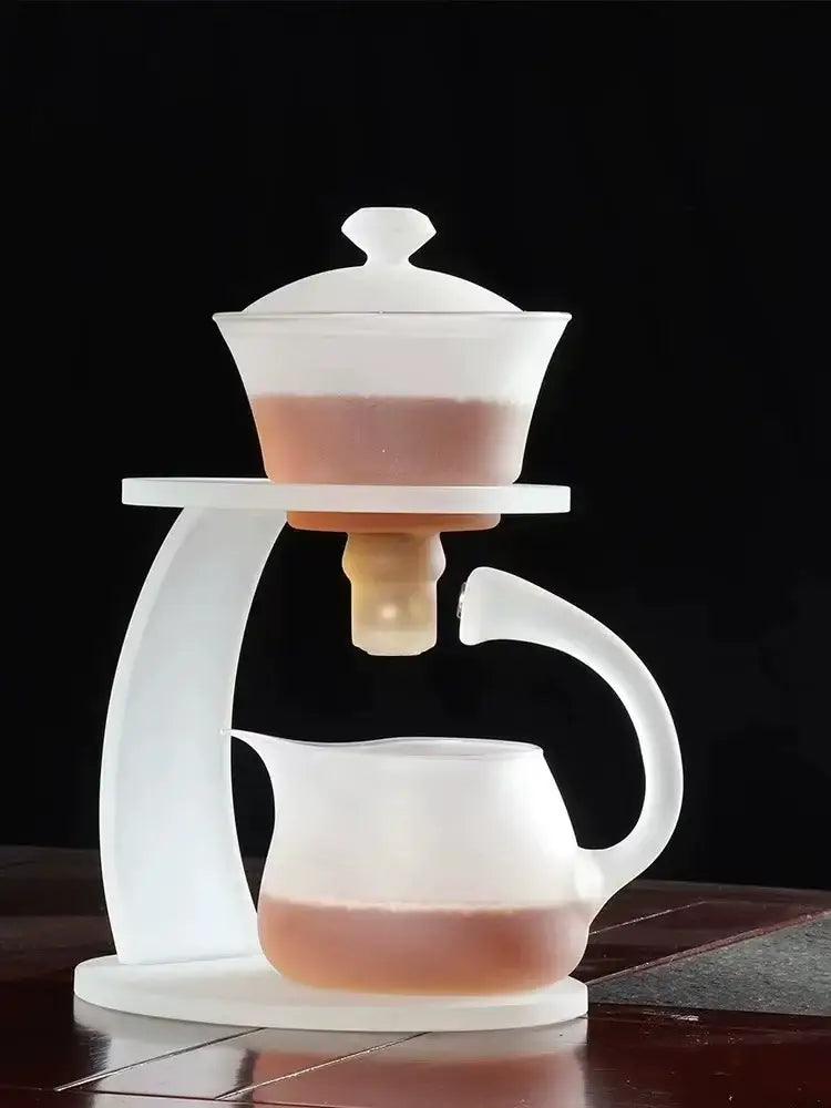 DecorBites glass teapot with frosted translucent white glass infuser set and magnetic drip pot with elegant curved stand