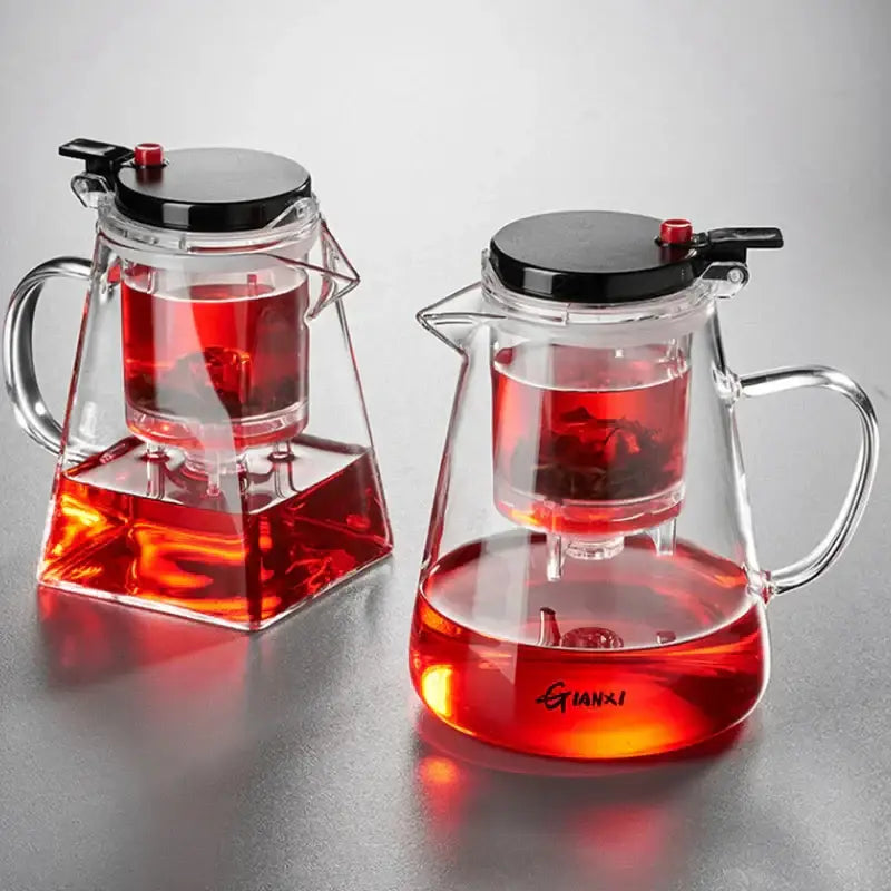 Clear glass decorbites glass teapot with black lid red accents and one-button filter for tea brewing and separation