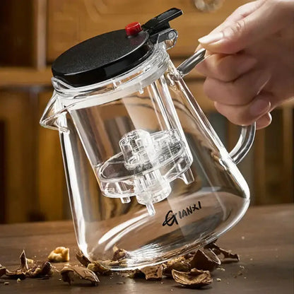 Clear glass decorbites glass teapot with black lid red button and transparent filter for tea brewing and separation technology