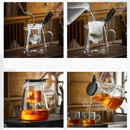Clear glass DecorBites glass teapot with black lid and handles featuring removable infuser for tea brewing