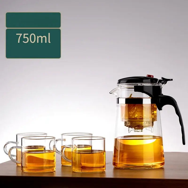 750ml clear glass teapot with black lid and handle filled with golden tea from decorbites glass teapot collection