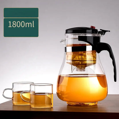 Clear glass decorbites glass teapot with black lid and handle featuring internal infuser for steeping leaves