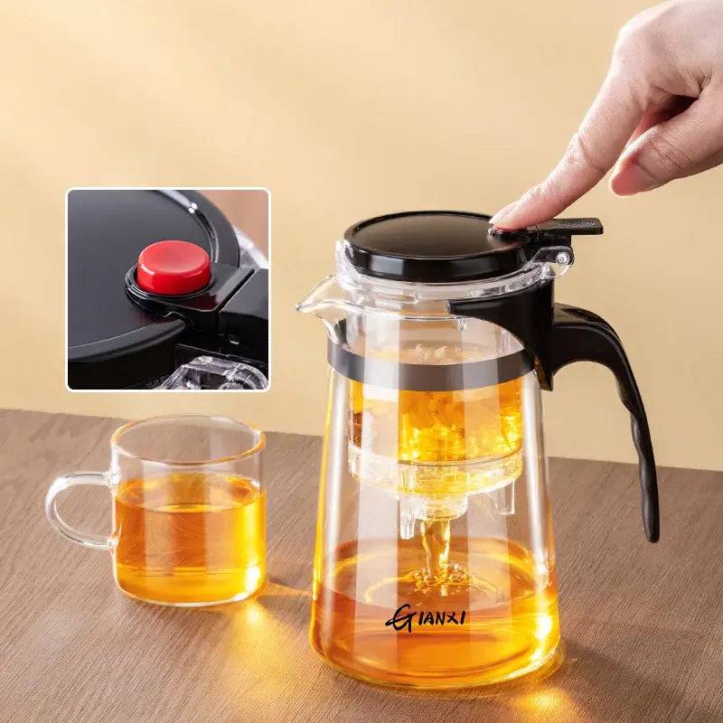 Clear glass decorbites glass teapot with black lid handle and one-button filtering system for loose leaf steeping