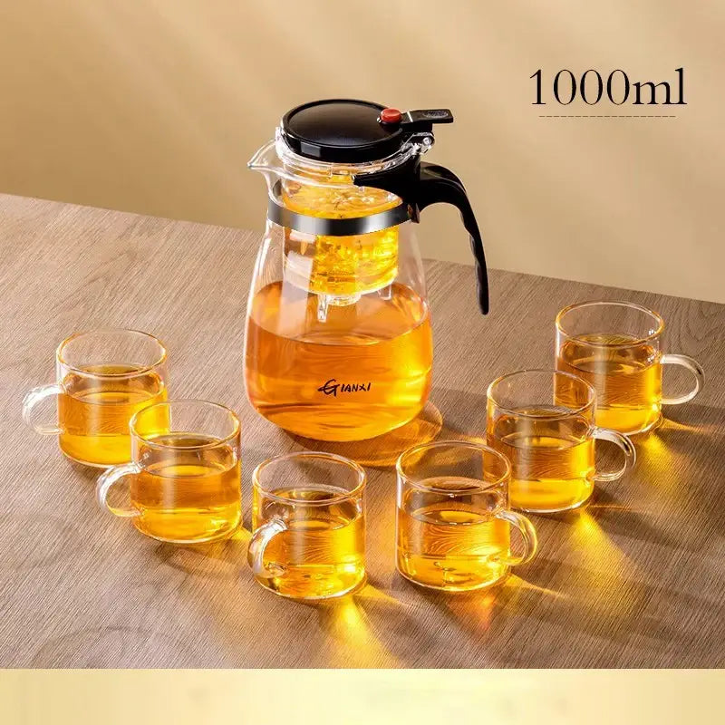 Clear glass decorbites glass teapot with 1000ml black lid pitcher and six cups for high-temperature tea brewing