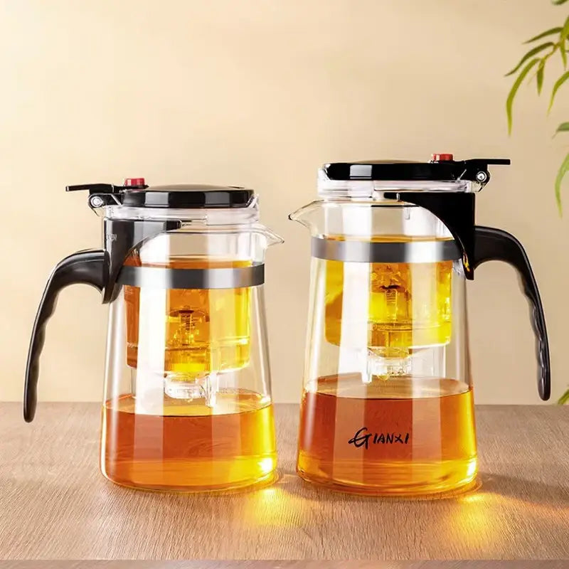 DecorBites glass teapot with clear glass infusers black handles silver band for high-temperature tea brewing