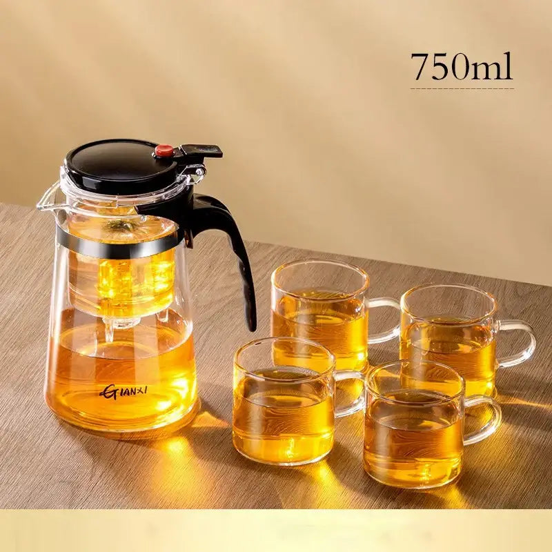 Clear glass decorbites glass teapot with one-button filtration 750ml pitcher and four matching cups for tea brewing