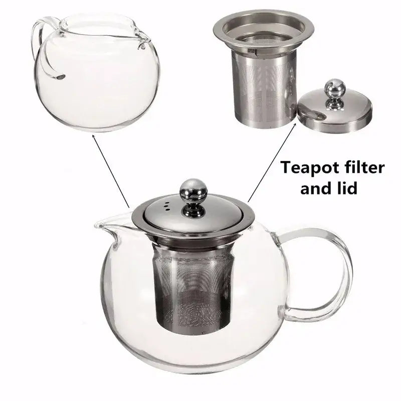 Clear glass teapot with stainless steel infuser and lid made of heat resistant borosilicate for flower tea