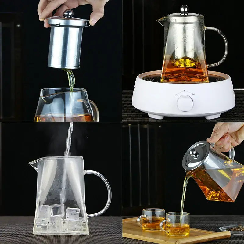 Clear glass teapot with stainless steel infuser and handle shown pouring tea into cups and over ice by decorbites