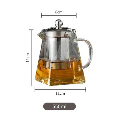 Decorbites™ glass teapot with stainless steel infuser 550ml clear glass pot with steel lid handle and built-in filter