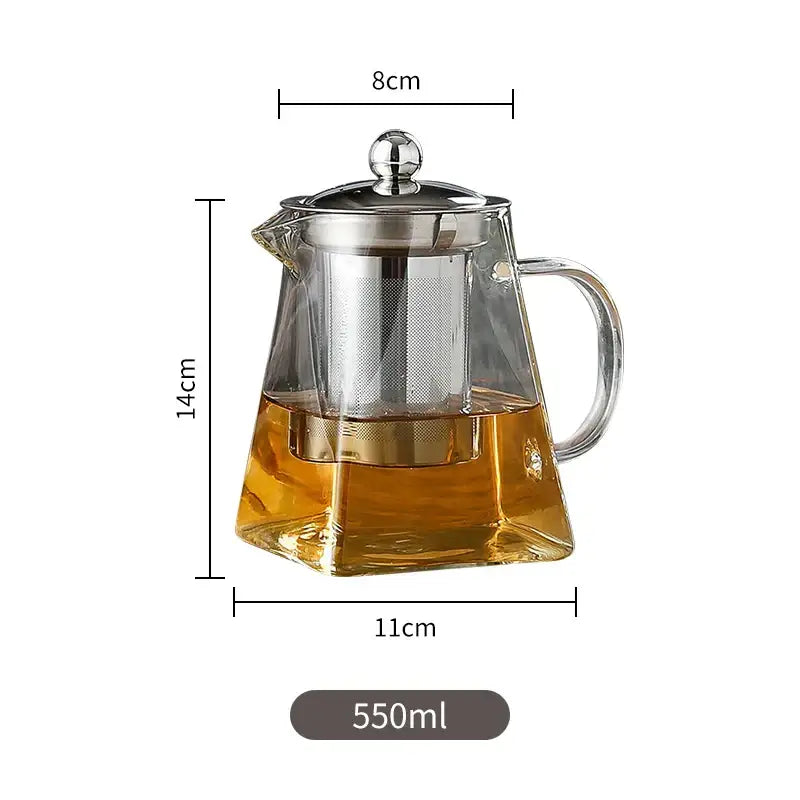Decorbites™ glass teapot with stainless steel infuser 550ml clear glass pot with steel lid handle and built-in filter