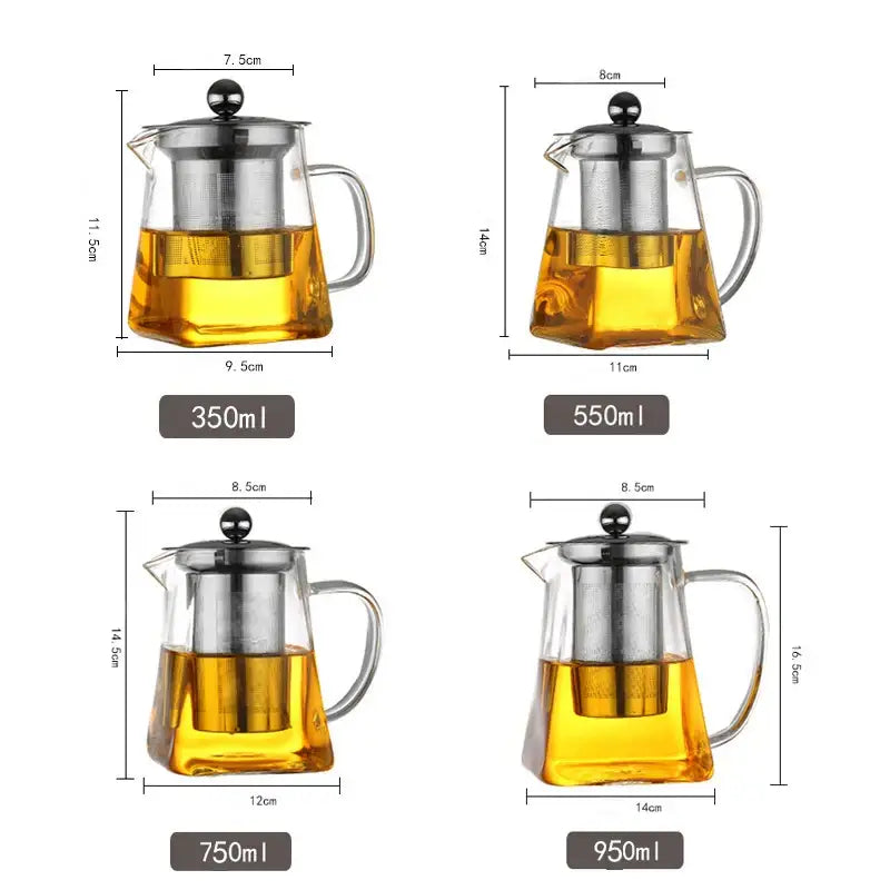 Decorbites™ clear glass teapot with stainless steel infuser and built-in filter available in multiple sizes