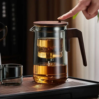 Clear glass decorbites glass teapot with dark wood lid handle and inner compartment for loose leaf tea brewing