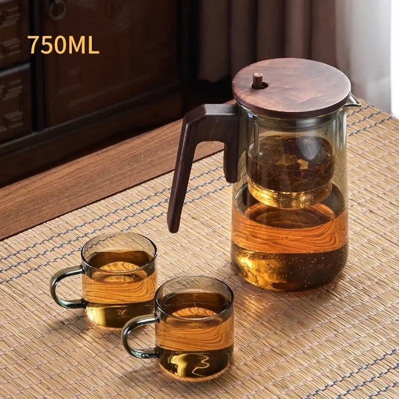 750ml decorbites glass teapot with wood handle and one-button filtering paired with two amber glass mugs